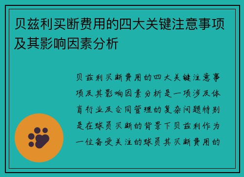 贝兹利买断费用的四大关键注意事项及其影响因素分析